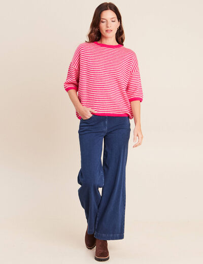 Pull droit col rond manches 3/4 rose femme