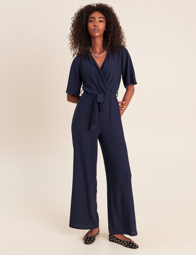 Combinaison large col v manches courtes bleu marine femme