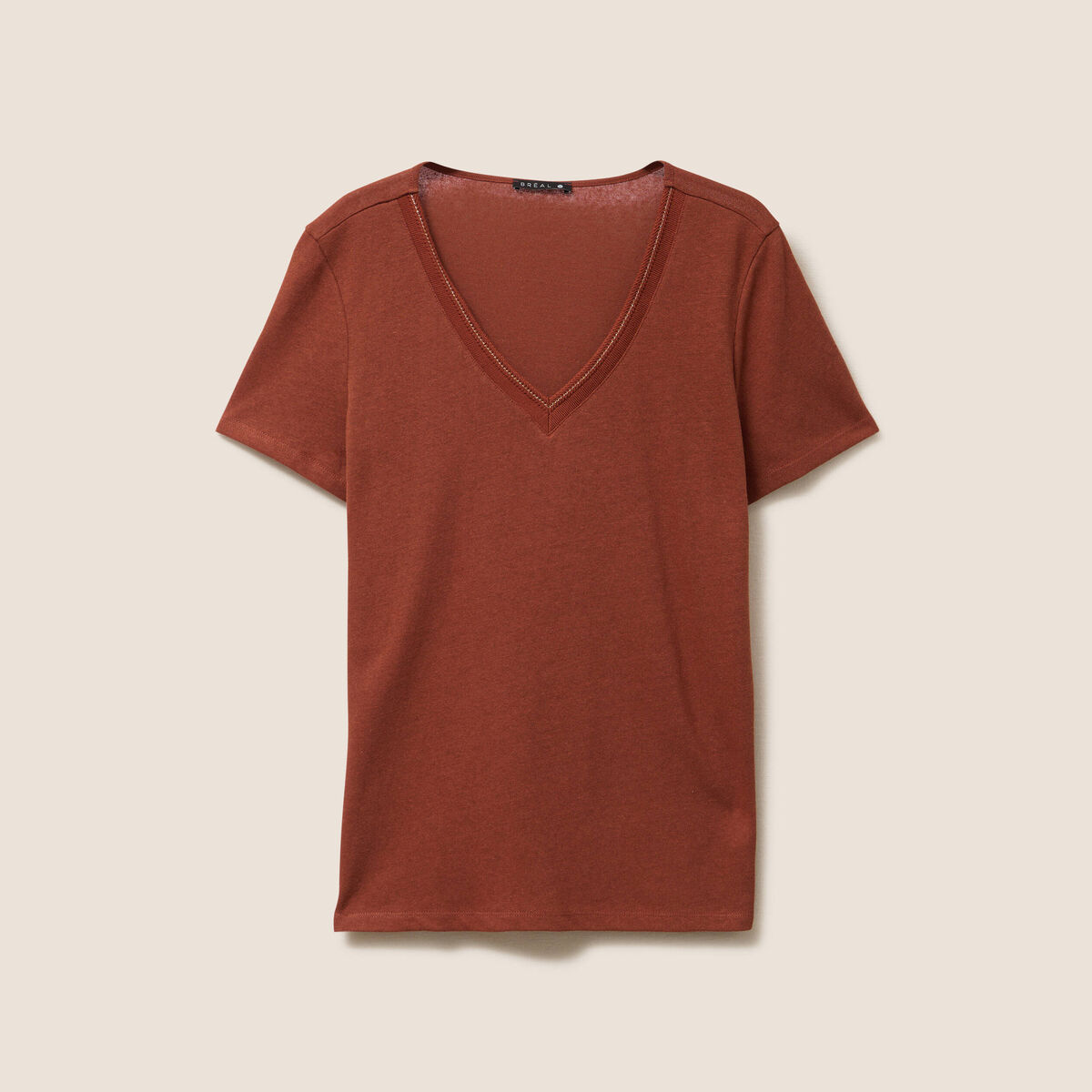 T-shirt manches courtes col en V marron foncé femme