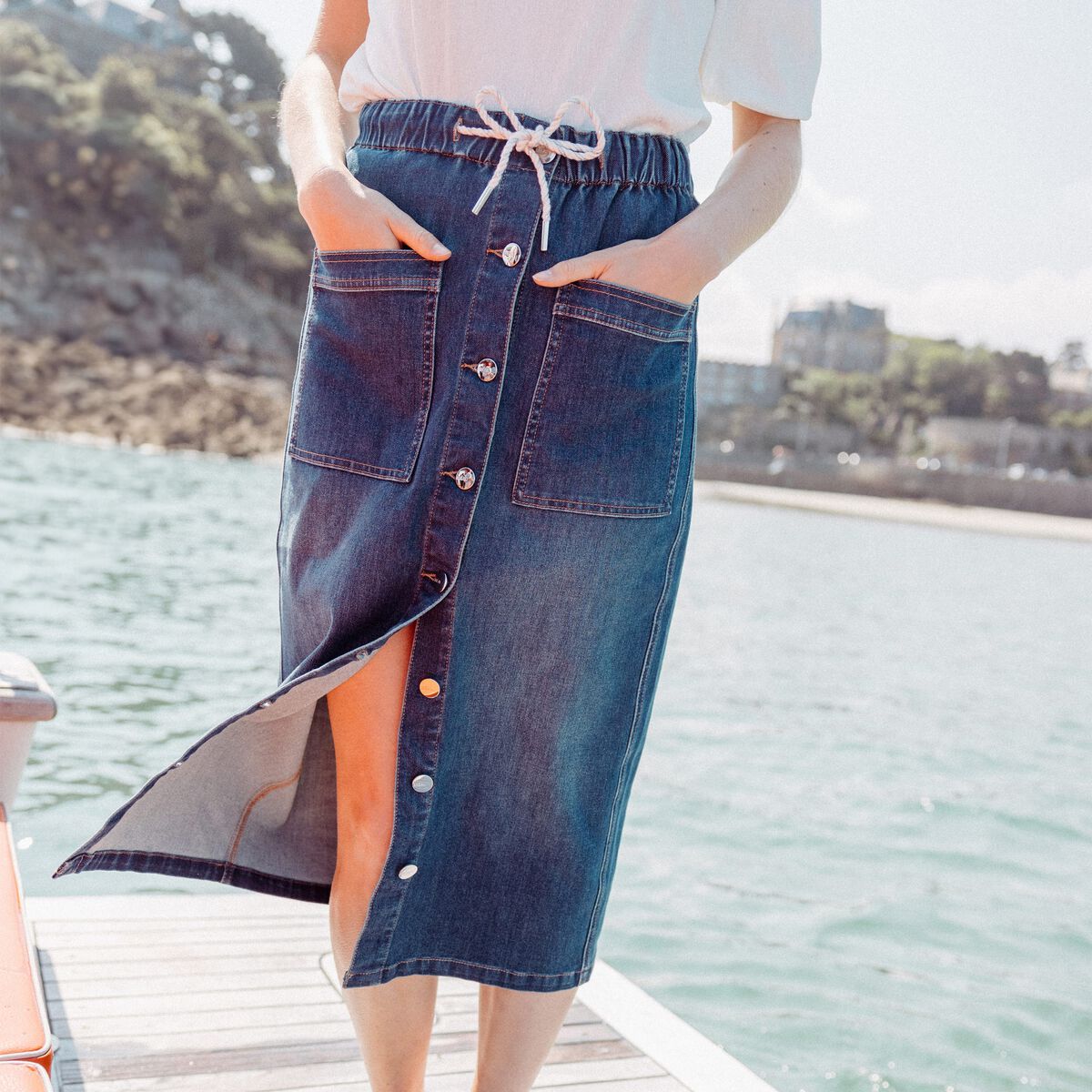 Jupe longue droite en jean denim stone femme