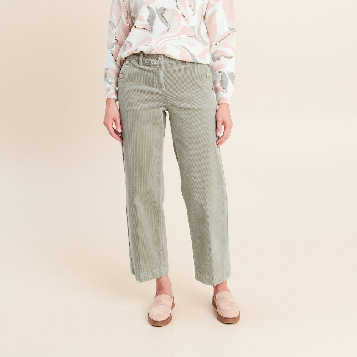 Pantalon large velours c&ocirc;tel&eacute; vert clair femme