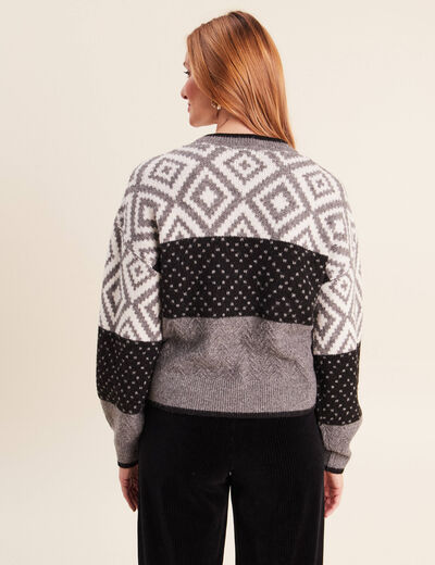 Pull jacquard col rond gris femme