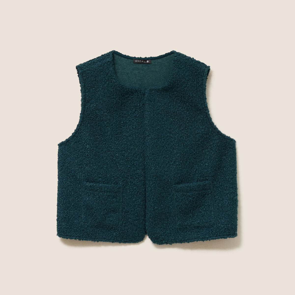 Gilet sans manches bouclette poches vert fonc&eacute; femme