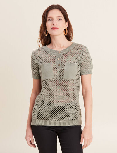 Pull manches courtes ajouré vert clair femme