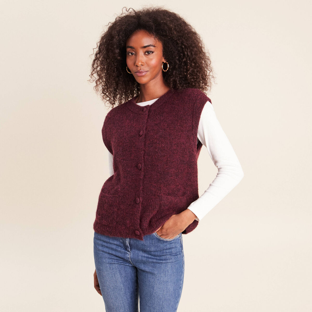 Gilet col rond bordeaux femme
