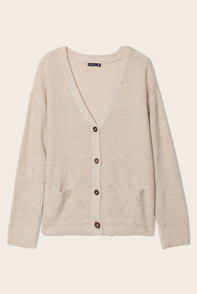 Gilet manches longues sequins creme femme