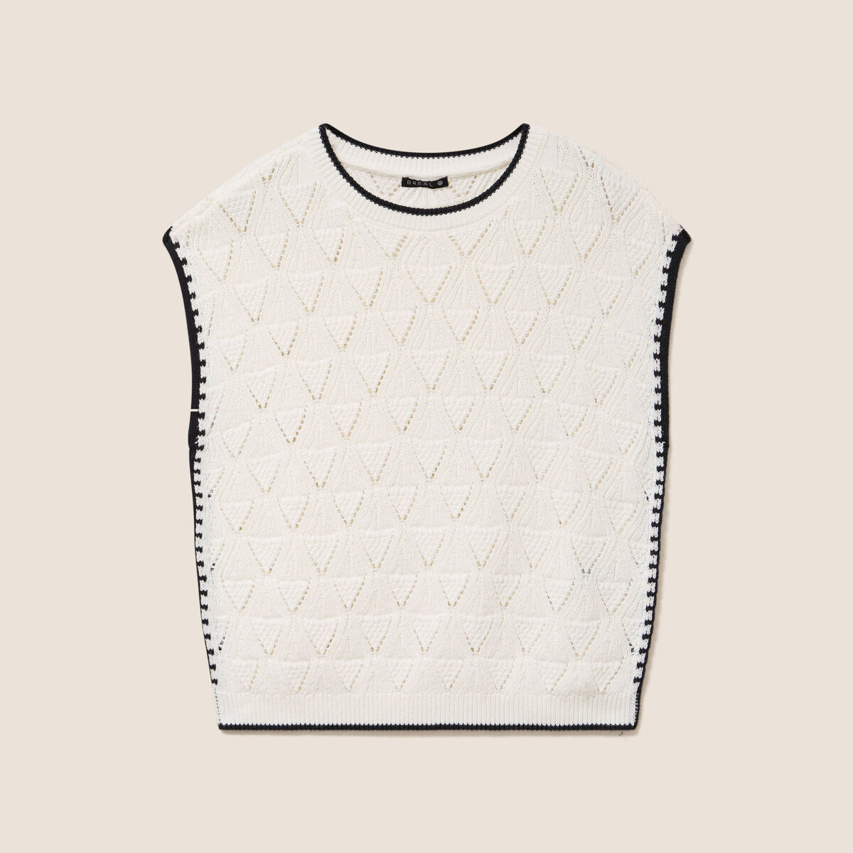 Pull ajour&eacute; sans manches col rond ecru femme