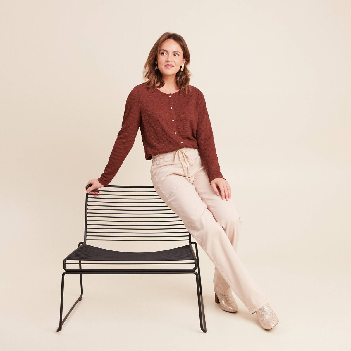 Pantalon taille haute coupe droite denim beige femme