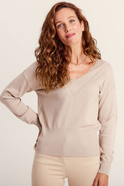 Pull manches longues col en V couleur or femme