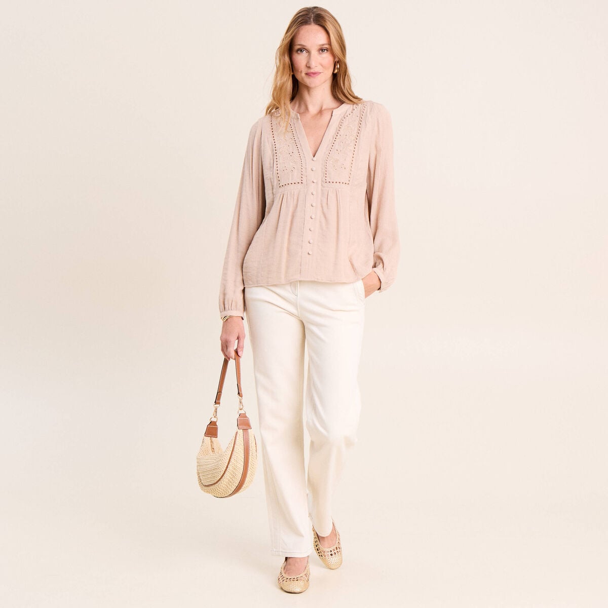 Chemise ample courte avec broderie sable femme