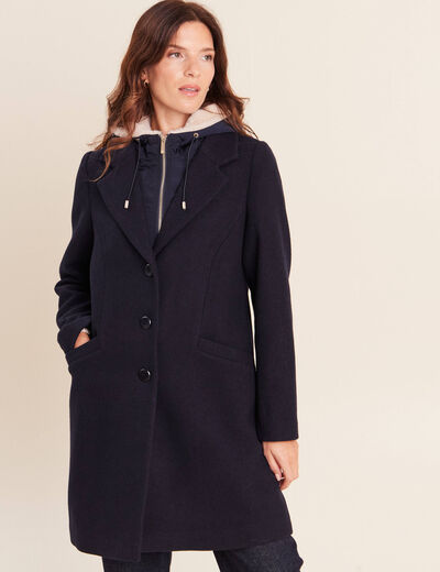 Manteau ajust&eacute; capuche amovible bleu fonc&eacute; femme