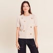 Pull manches courtes d&eacute;tails bijout&eacute;s beige femme