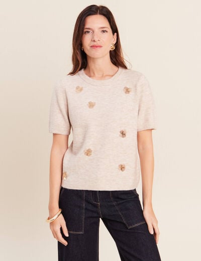 Pull manches courtes d&eacute;tails bijout&eacute;s beige femme