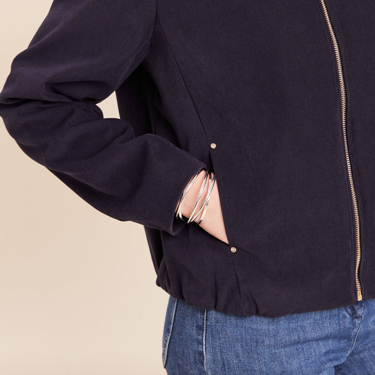 Bomber manches longues en velours doubl&eacute; bleu fonc&eacute; femme