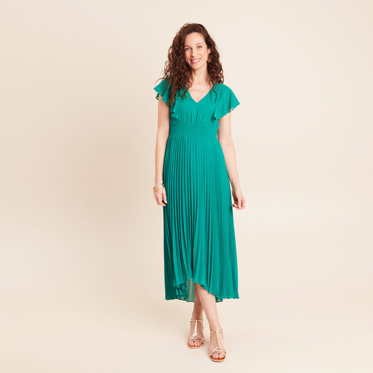 Robe longue &eacute;vas&eacute;e &agrave; volants vert menthe femme