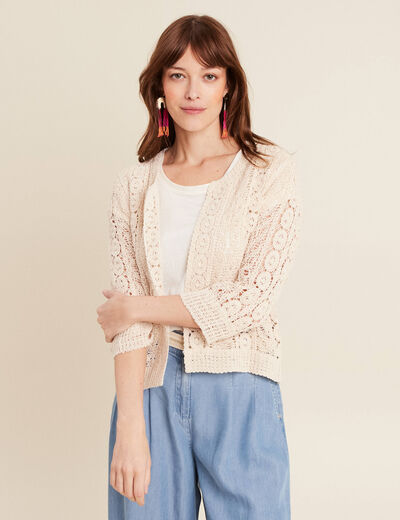 Gilet manches 3/4 ajouré ecru femme