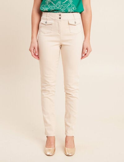 Jean ajust&eacute; taille haute longue ivoire femme