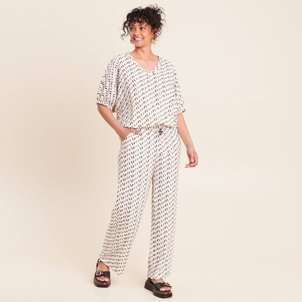 Pantalon large taille haute blanc femme