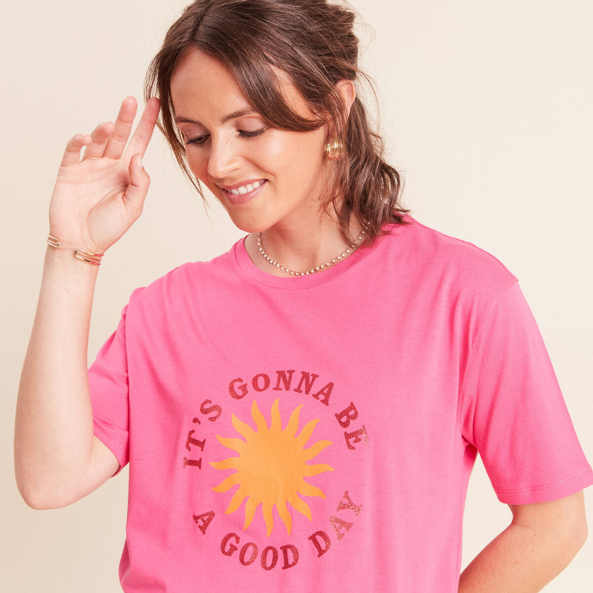 T-shirt col rond manches courtes rose fushia femme