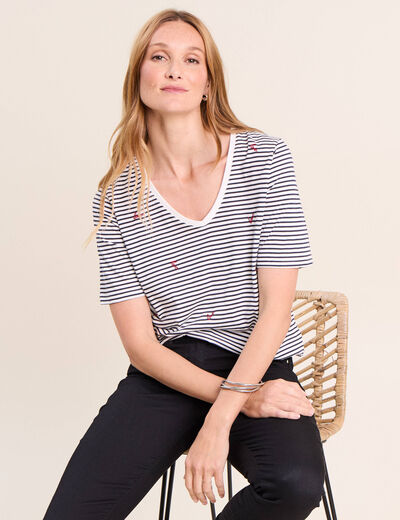 T-shirt droit broderie manches courtes bleu femme