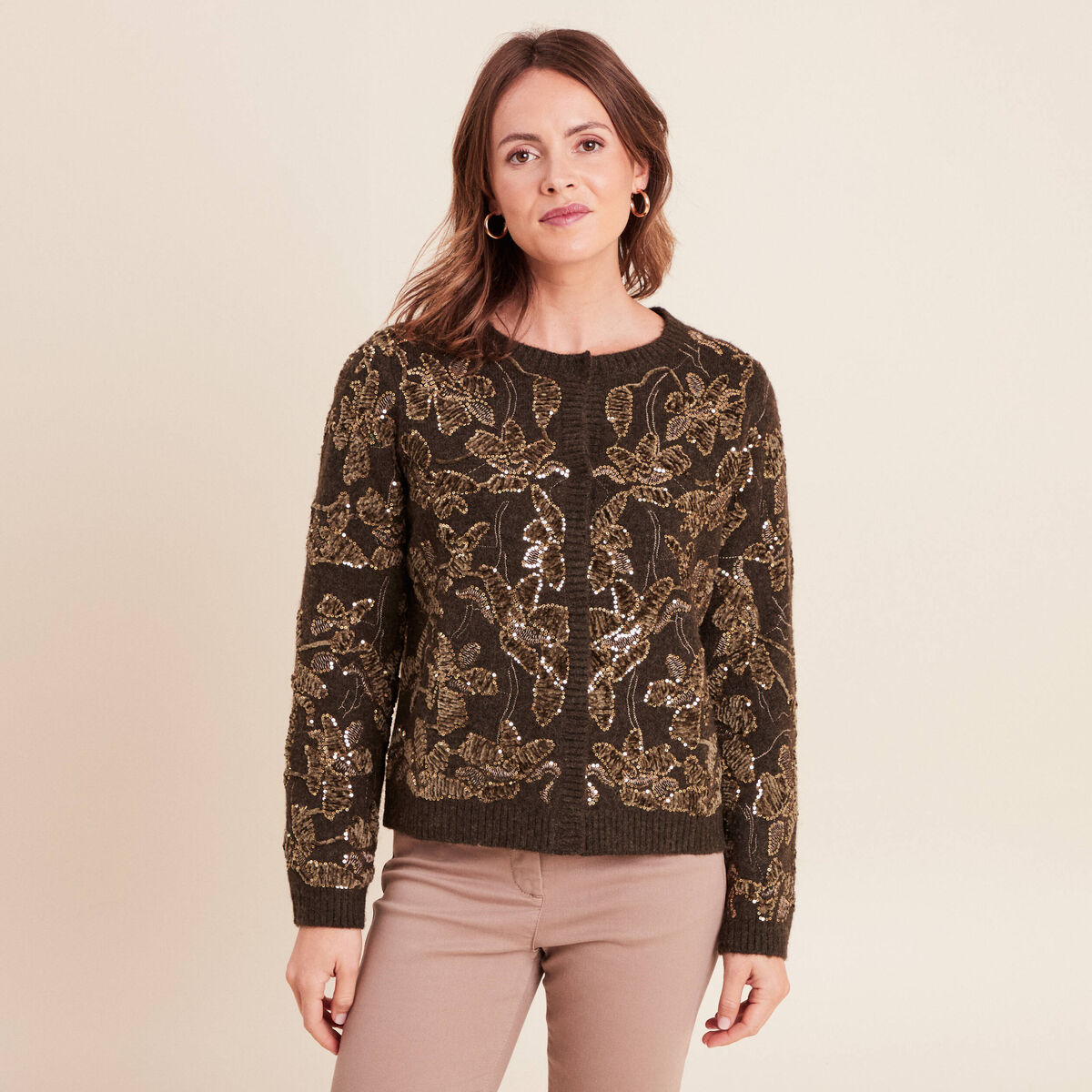 Top En Soie 100% Kaki Brodé De Sequins - Taille 36, Occasion En Très Bon état