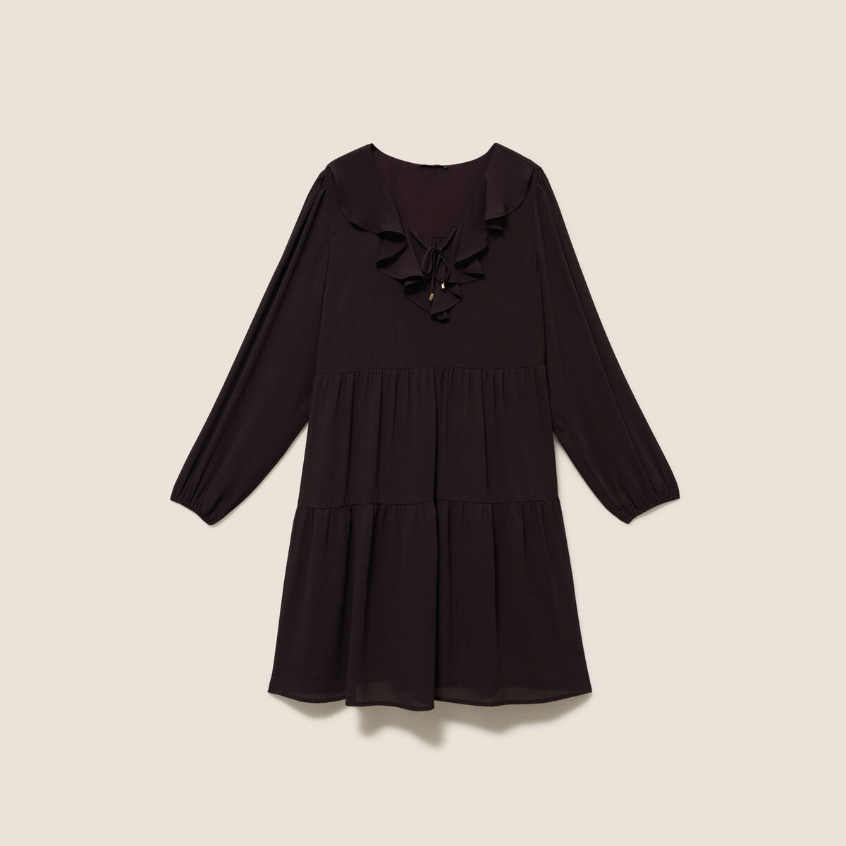 Robe courte &eacute;vas&eacute;e col v manches longues marron fonc&eacute; femme