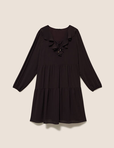 Robe courte &eacute;vas&eacute;e col v manches longues marron fonc&eacute; femme