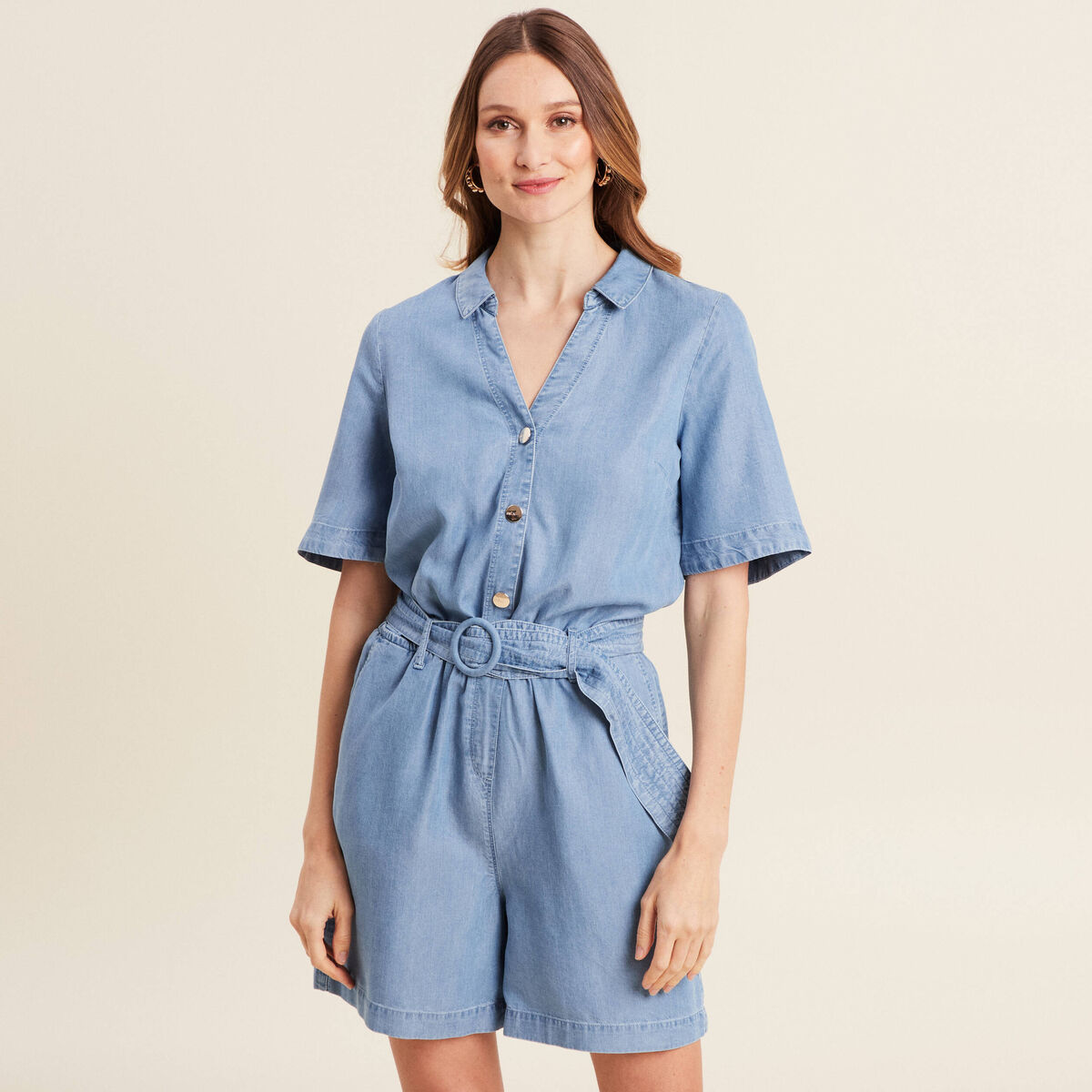 Combishort ceintur&eacute;e denim double stone femme