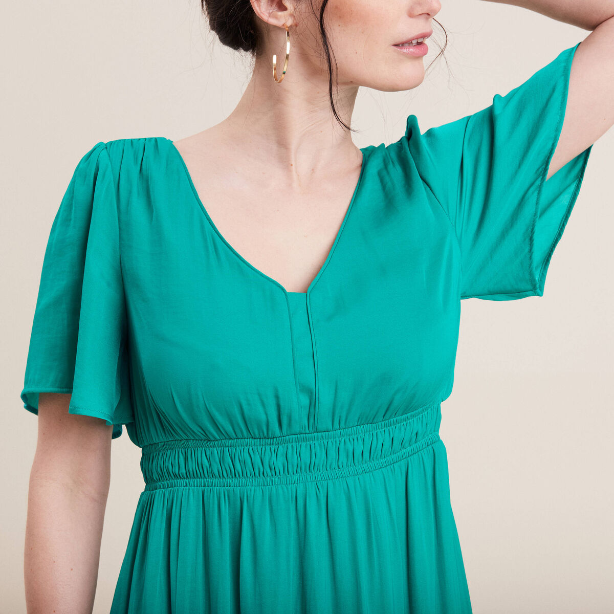 Robe longue &eacute;vas&eacute;e satin bleu turquoise femme