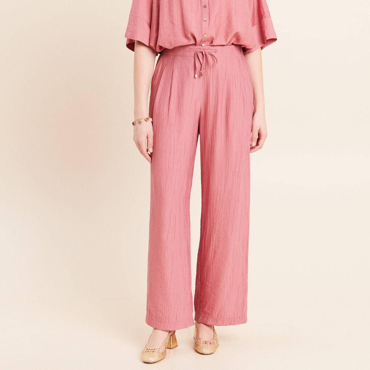 Pantalon fluide taille haute mauve femme