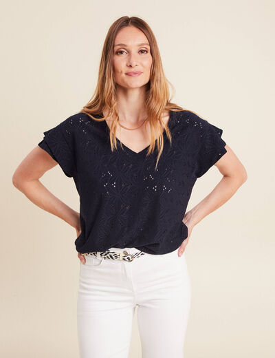 T-shirt droit col V manches courtes bleu fonc&eacute; femme