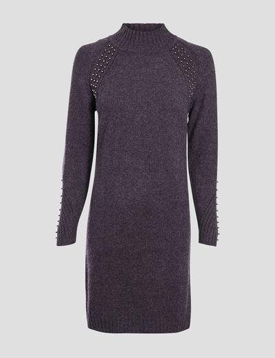 Robe pull droite avec perles gris foncé femme