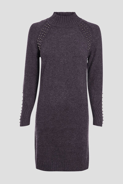Robe pull droite avec perles gris foncé femme