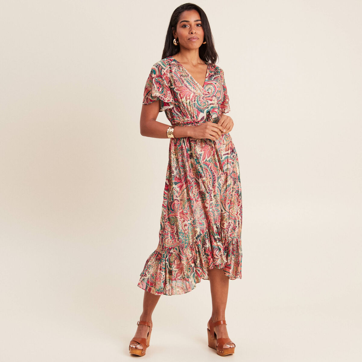 Robe longue évasée fluide rose femme