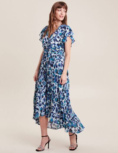 Robe longue droite plissée bleu femme