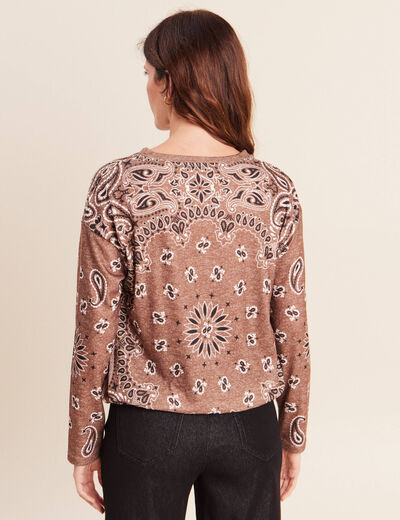 Pull col rond manches longues strass marron femme