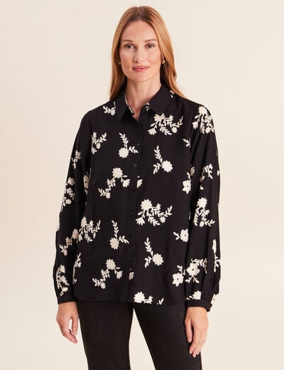 Chemise fluide brod&eacute;e manches longues noir femme