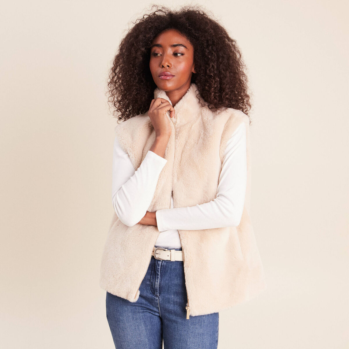 Veste col montant doubl&eacute;e ecru femme
