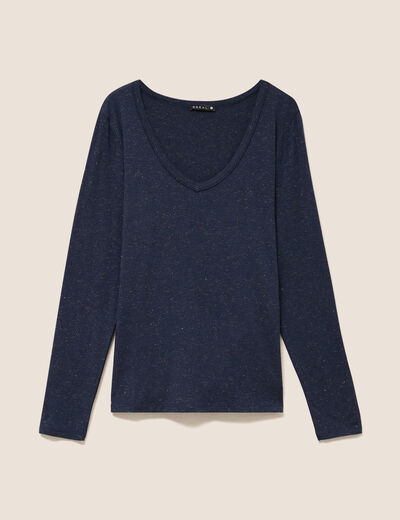 T-shirt ajust&eacute; col v manches longues bleu marine femme