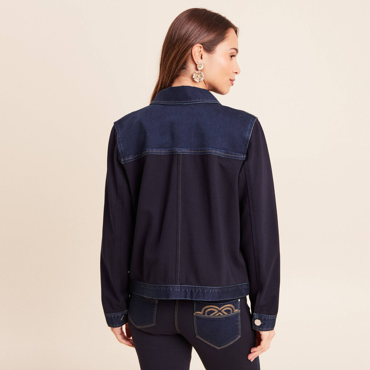 Veste droite courte manches longues denim brut femme