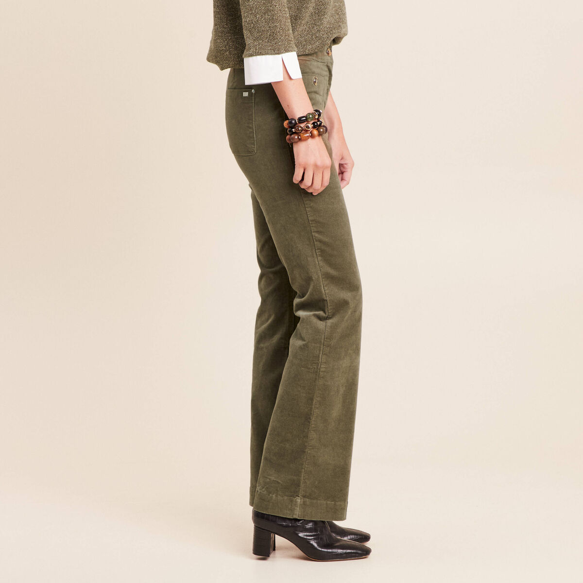 Pantalon bootcut taille haute velours vert kaki femme