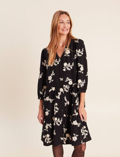 Robe courte &eacute;vas&eacute;e col v manches 3/4 noir femme