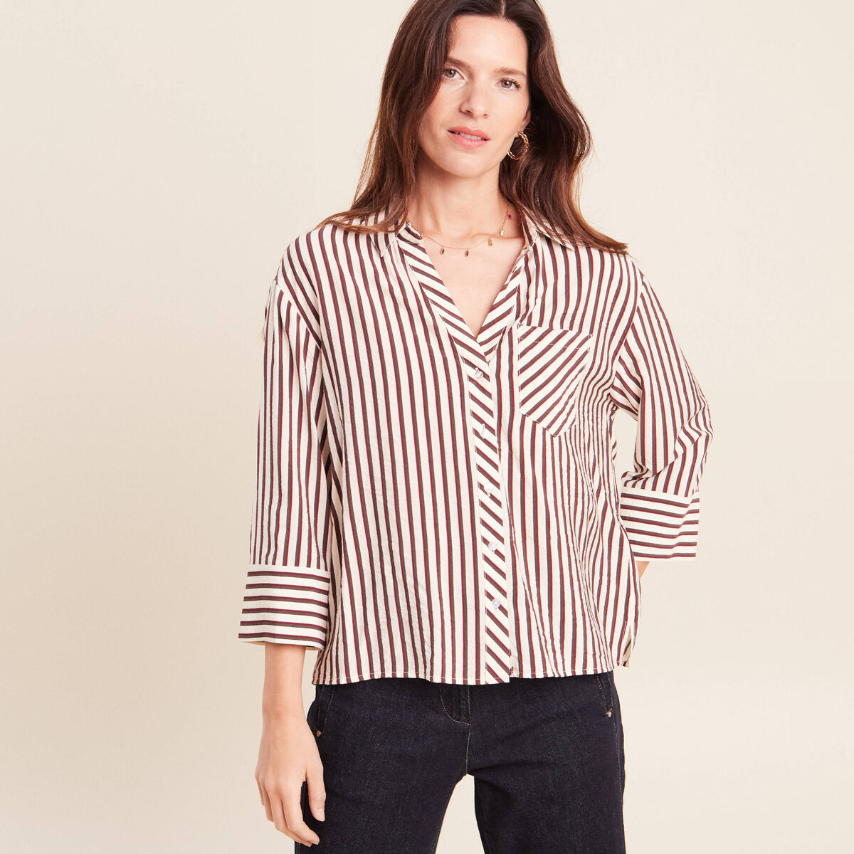Chemise ample manches 3/4 marron femme