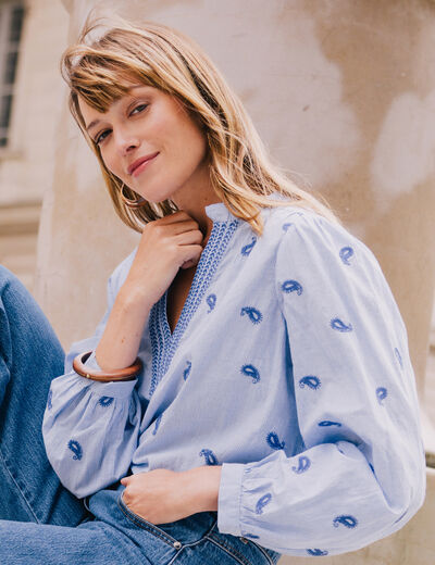 Blouse ample manches longues fluide bleu femme