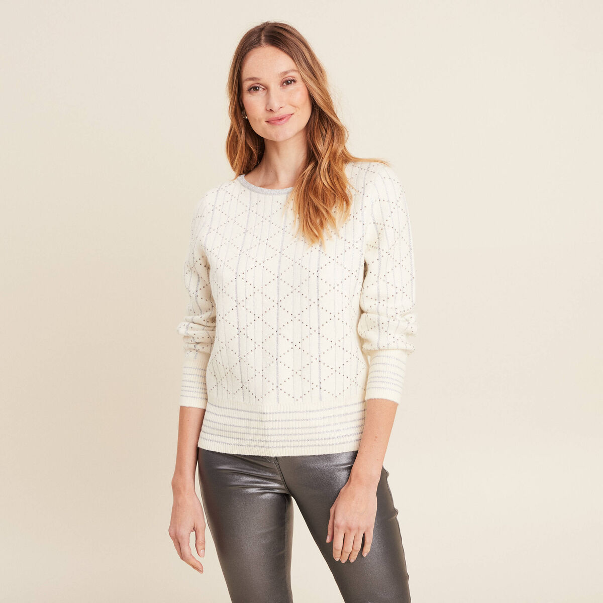 Pull manches longues clous ecru femme