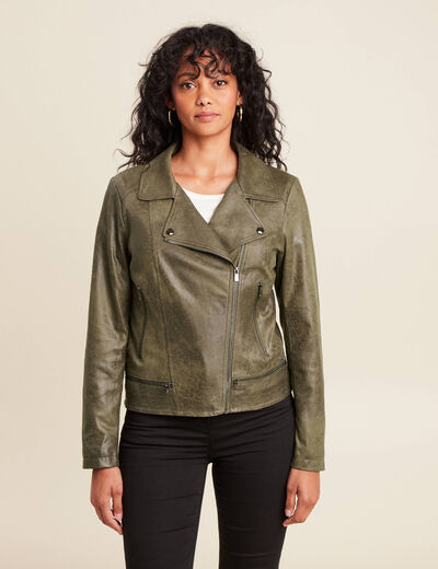 Veste esprit motard zippée vert kaki femme