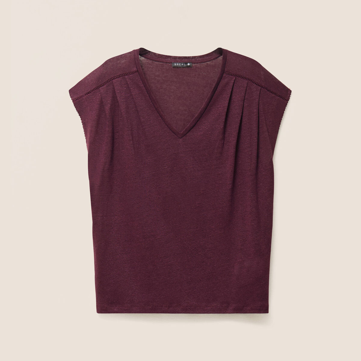 T-shirt col v manches courtes en lin prune femme