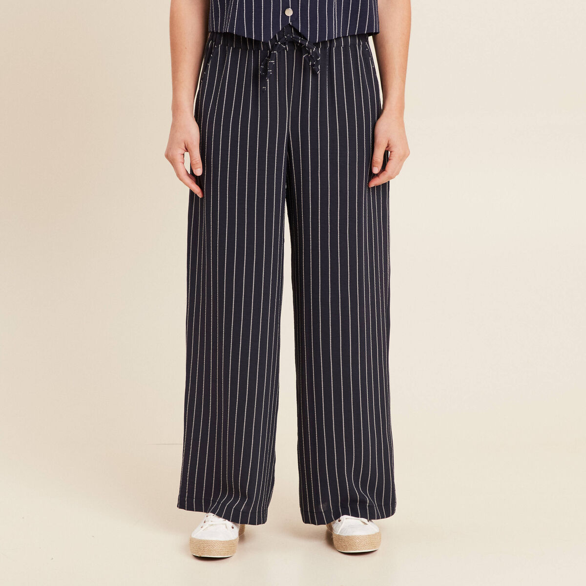 Pantalon large taille haute bleu foncé femme