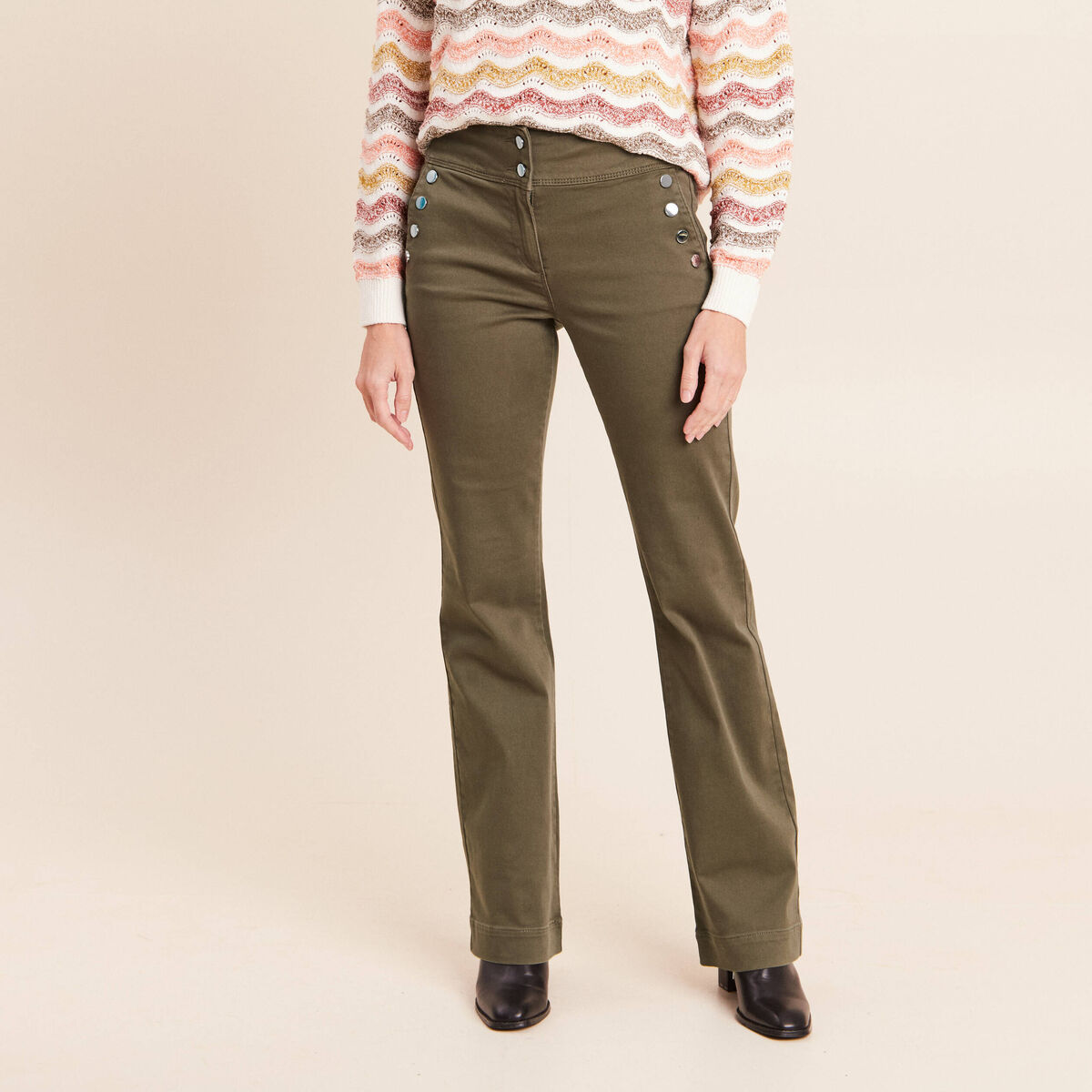 Pantalon coupe bootcut &agrave; pont vert kaki femme