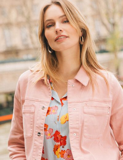 Veste boutonnée en jean rose pastel femme
